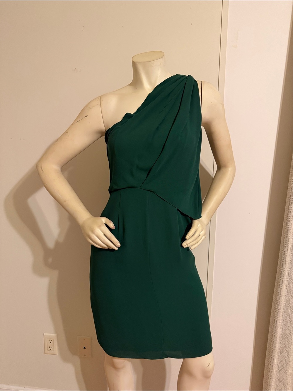 H by Halston One-Shoulder Draped Emerald Dress